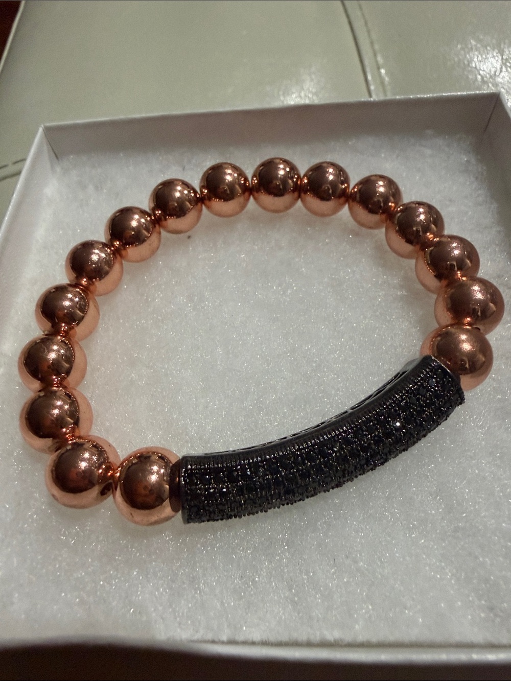 Rose Gold Beaded Bracelet with Black Pave Accent